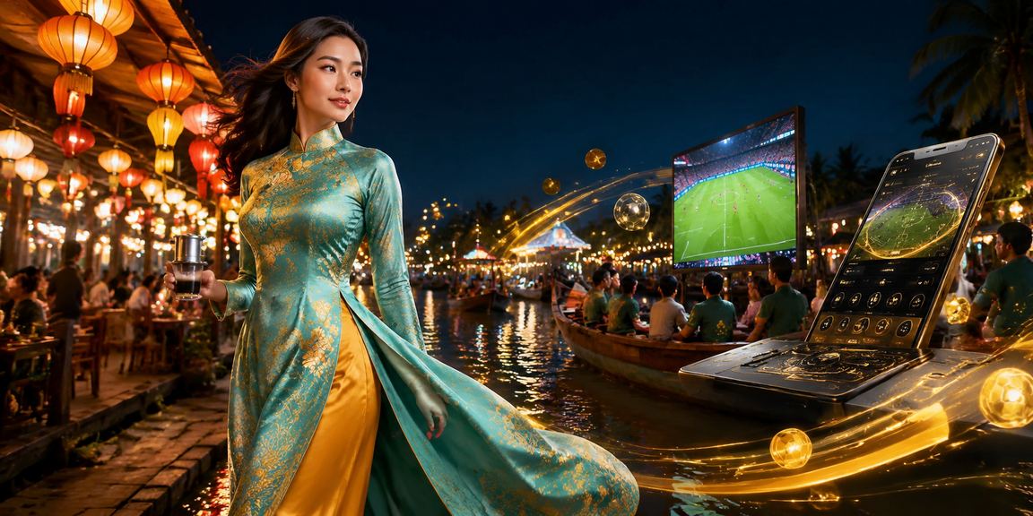 Người phụ nữ mặc áo dài tại vùng Mekong đặt cược thể thao và kiểm tra giao dịch trên điện thoại